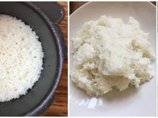 孩子最喜欢的造型寿司来啦,大米煮熟放凉取出部分盘里，倒入少许白醋