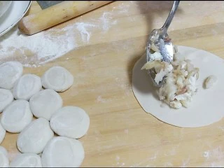 芙蓉鳕鱼锅贴,放入适量的鳕鱼馅,不要包太多,否则不好包起来