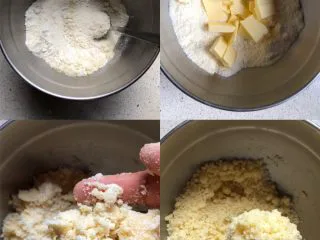 蓝莓秒芙蛋糕,先做金宝：低粉杏仁粉过筛后加入切薄片的黄油，用手搓至粗粒状即可，用不完的金宝，可以冷藏一周，或冷冻保存