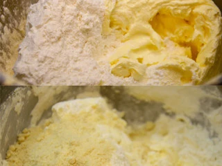 杏仁玛芬蛋糕 简单烘焙, 低筋面粉和泡打粉过筛后，加入杏仁粉，混合均匀后加入到面糊中，用刮刀切拌均匀。