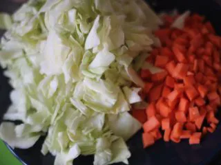 俄罗斯经典罗宋汤,圆白菜切小块，胡萝卜切丁。