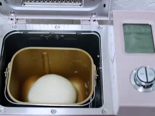 海虾杂蔬披萨,启动面包机的一个和面程序后,用手把面团揉圆,再次放入面包机里进行醒发。