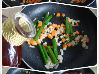 潘普洛纳炖牛尾 ,蒜、胡萝卜、洋葱、青蒜改刀，用橄榄油炒香。烹入白兰地，倒入红酒煮出香味关火