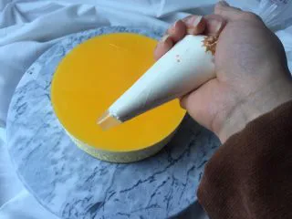 百香果冻芝士蛋糕,把打发好的淡奶油装进裱花袋内,在芝士蛋糕表面挤上简单的花式,切一点芒果放在奶油上,简单装饰即可