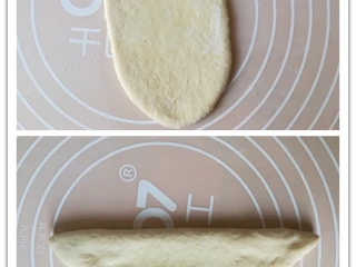 爱心椰蓉面包,10. 擀成牛舌状，左右对折