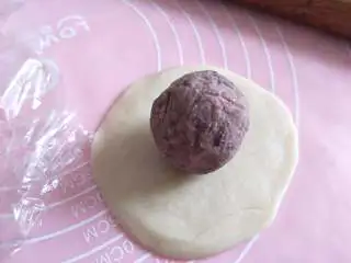 酥掉渣的蛋黄酥，月饼季做起来,放入包了蛋黄的豆沙，收口捏紧，放到烤盘上。