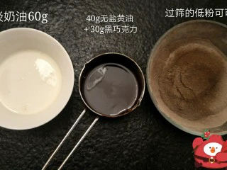 最经典浓郁巧克力奶酪蛋糕,准备室温的淡奶油60克。 隔水融化的黄油巧克力。过筛的可可面粉