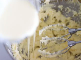 醇香酥脆的曲奇饼干(曲奇枪版),冬日温暖小零食,分多次倒入到打发的黄油中,每一次都要打匀后再倒,大约3-4次。