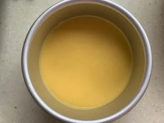 芒果慕斯蛋糕,倒入模具中,震动排出气泡。再切一个小芒果,取肉,切丁,放进去。