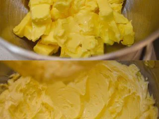 杏仁玛芬蛋糕 简单烘焙,将软化的黄油放入厨师机搅拌桶，搅拌至颜色变浅状态。