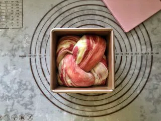 女王大理石纹吐司,发酵至八、九分满模，盖好盖子。