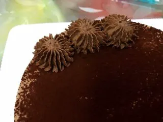 醇厚浓郁的巧克力慕斯蛋糕,取出冷藏好的巧克力奶油加入糖粉打发至硬挺,装入裱花袋里挤出小花