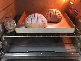 蔓越梅黑麦奶油软欧包,烤箱预热至165度,金盘送入烤箱烤制25分钟。