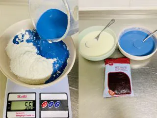 青花瓷冰皮月饼,将2.蓝色面浆材料倒入碗中，倒入蓝色牛奶翻版均匀，过筛一次。