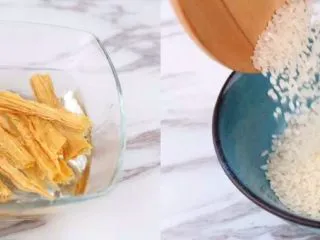 早上喜欢热乎乎的粥么……,腐竹开水浸泡半小时以上，比较厚实的部分可以焖上多泡一些时间，泡软为止