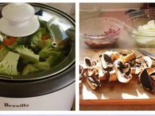 蘑菇洋葱牛肉小炒——偶尔自私很开心,电饭锅煮饭,顺便用蒸架把蔬菜蒸一下。