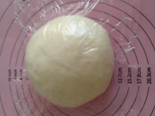 手撕海苔肉松面包,排气整形成光滑面团 盖上保鲜膜松弛10分钟。