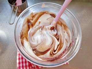 摩卡大理石纹戚风,最后加入咖啡可可溶液，大致翻拌几下即可，不要过度拌匀会没有自然的花纹