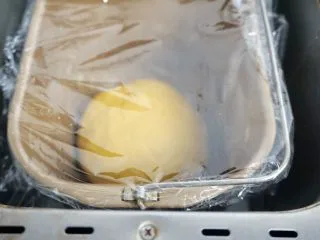 南瓜椰蓉面包条,加入软化黄油继续揉一个程序盖保鲜膜入面包机桶内发酵1小时 