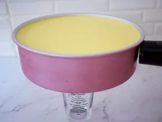 寿星公芒果慕斯蛋糕(十寸),取出已经凝固的慕斯蛋糕,底部用杯子垫上,再用用吹风机对着模具四周吹一吹