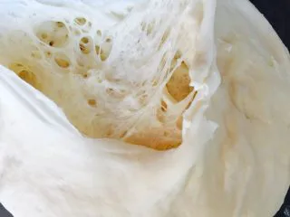 网红脏脏包（开酥版）,中种材料混合，手揉光滑。密封冷藏17小时。取出内部呈现蜂窝状。