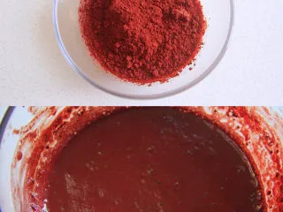 自带情话的红丝绒奶油蛋糕,1、制作蛋黄糊:先将红曲粉用温牛奶调匀,备用。