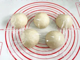牛奶炼乳蔓越莓软欧,将发酵好的面团取出排气,平均分成5份,接着滚圆,盖好保鲜膜松弛15分钟。
