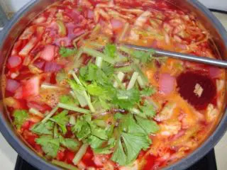 俄罗斯红菜汤,放入芹菜、蒜末煮熟即可