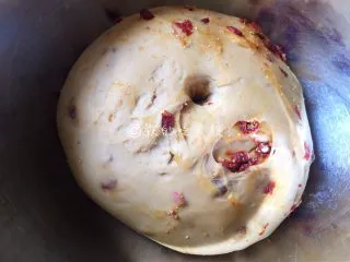 红糖枸杞软欧包,放在温暖处进行发酵，发酵至有原来的两倍大，用手指在面团中间戳一个洞，洞不会回缩、塌陷就是发酵好了。