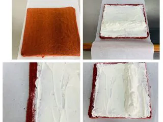 红丝绒蛋糕卷,出炉后,取出先晾2分钟,让蛋糕表皮散热干燥,不要立刻盖油纸翻面倒扣,那样热气会让表皮变湿润就会掉皮。 一侧45度角切去边缘,打好的奶油用抹刀抹到蛋卷上,尾端涂得薄一点比较好卷,另一侧抹成一个小山丘。 借助油纸和擀面杖,把蛋糕片卷起来,卷成一个蛋糕卷,然后用油纸包裹好,放在冰箱里冷藏过夜或30分钟,帮助蛋糕卷定型;