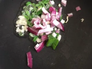 自制美味意大利面,放入紫圆葱炒一会，炒出香味