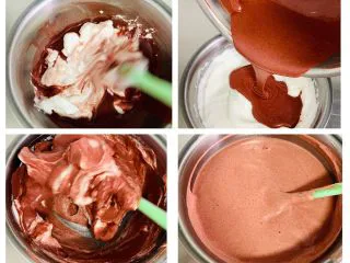 红丝绒蛋糕卷,将蛋糕糊倒入剩下的蛋白霜中翻拌均匀,切拌方法,不要画圈和搅拌,以免消泡。