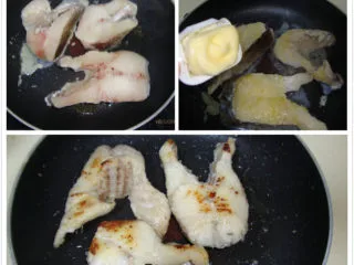 芝麻豌豆鳕鱼浓汤,鳕鱼用橄榄油煎黄，翻面，加一块黄油继续煎