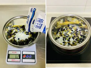 青花瓷冰皮月饼,将2.蓝色面浆：150克的牛奶加入5克的碟豆花电磁炉上大火烧开转小火再煮1分钟，晾凉取出蝶豆花不要，得到一份120克的蓝色牛奶。