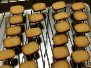 炼乳小饼干(适合新手),烤至表面金黄后取出晾凉,约十分钟左右,时间不固定,切的厚度和温度偏差都对时间有影响,以表面上色为准