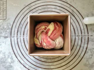 女王大理石纹吐司,两端压在底部放入学厨水立方吐司盒中进行二次发酵。