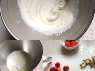 可爱圣诞帽子塔,淡奶油加糖打至花纹清晰,装入裱花袋;草莓洗净晾干、去蒂;取一个凉透的塔皮,挤上淡奶油,放一个草莓,高颜值的帽子塔就做好了😋