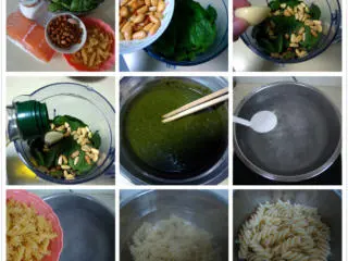 三文鱼青酱螺旋面,橄榄油、松子、蒜、罗勒、盐用搅拌机打成酱汁