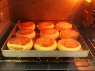 喜饼+椰蓉奶酪味,烤完拿出，喜饼翻面，移入金盘再送入烤箱的下层，烤制12分钟。