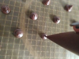 网红夏威夷果仁可可脆脆巧克力片 香港珍妮聪明小熊夏威夷果仁巧克力脆脆,14.把巧克力面糊挤在铺了油布的烤盘或者烤网上，必须铺油布，巧克力脆脆烘烤熟之后和油布很容易脱离，铺油纸的巧克力脆脆下面是皱纹纸的状态；