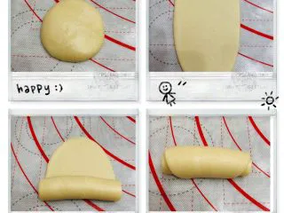 酥到掉渣的豆沙蛋黄酥,你要来一个吗?,拿起一个包好的面团,压平,擀开,卷起,如图所示。全部擀好后盖保鲜膜松弛20分钟。