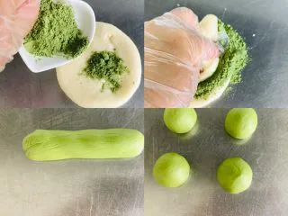 Q弹麻糬面包,在取一个面剂加入抹茶粉，耐心揉搓均匀，平均分成四份，双手对搓揉圆，大概30克左右一个。