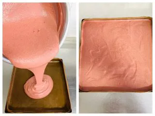 红丝绒蛋糕卷,将蛋糕糊倒入28*28烤盘中,烤盘垫上油布。轻震几下烤盘震出气泡。