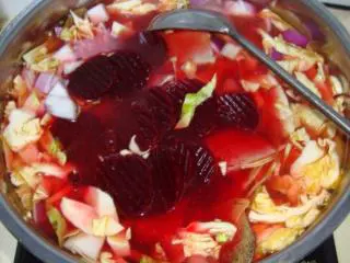 俄罗斯红菜汤,橄榄油把香叶、白胡椒粒、辣椒酱、番茄沙司炒香,加入煮牛肉的汤、切好的各种蔬菜、牛肉片、糖、少量盐煮一会