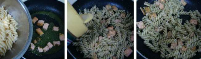 三文鱼青酱螺旋面,放一勺青酱炒香,放入煮好的意面、芝士粉炒匀