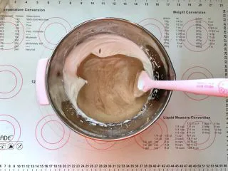 可可奶油夹心蛋糕,8、倒入剩余的一半蛋黄糊中。