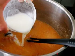 西红柿土豆浓汤,11.再次煮开后加盐调味,并倒入牛奶调节浓度。