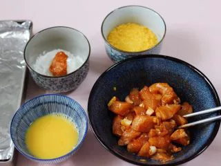 少油减脂的劲爆鸡米花,把食材调料分别装在不同的器具中，先把腌制好的鸡肉块放在玉米淀粉碗中，均匀裹上一层薄薄的淀粉。