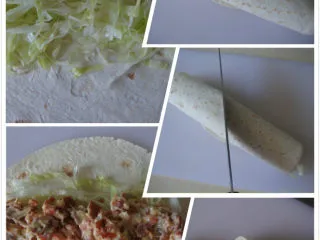 跨国混搭:意大利香肠薄饼卷,卷起来,切两半,装盘