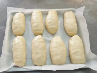 椰蓉奶油面包,放入垫有油纸的烤盘中,再次发酵两倍大,手轻压边缘,有一个印但是能慢慢回弹的状态就可以